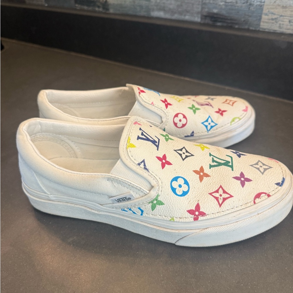 Vans Murakami LV Custom Collab White Colorful Pattern Slip-On Sneakers 8.5